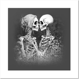 loving skeletons in a field Posters and Art